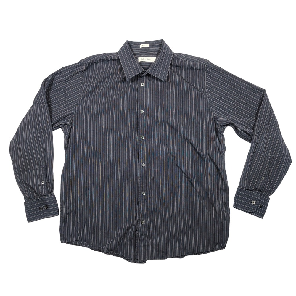 Calvin Klein Button Up Mens Large Navy Blue Pinstripe Long Sleeve 100% Cotton